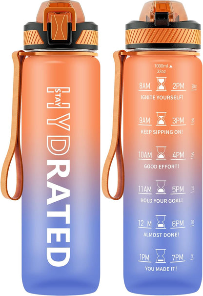 32oz Motivational Water Bottle with Straw and Time Marker, BPA-Free Tritan Sports Bottle with Carry Strap, Leakproof Design for Gym and Outdoor Use (1 Pack)