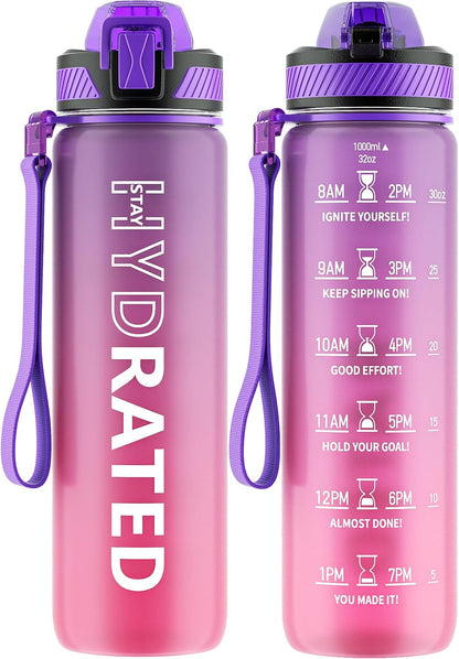 32oz Motivational Water Bottle with Straw and Time Marker, BPA-Free Tritan Sports Bottle with Carry Strap, Leakproof Design for Gym and Outdoor Use (1 Pack)