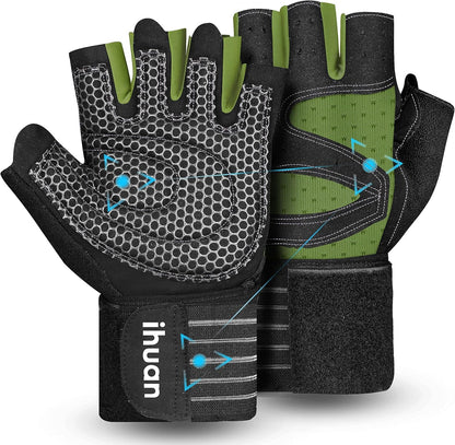 Ihuan Ventilated Weight Lifting Gloves with Wrist Support for Men and Women – Full Palm Protection for Weightlifting, Training, Fitness, and Pull-Ups