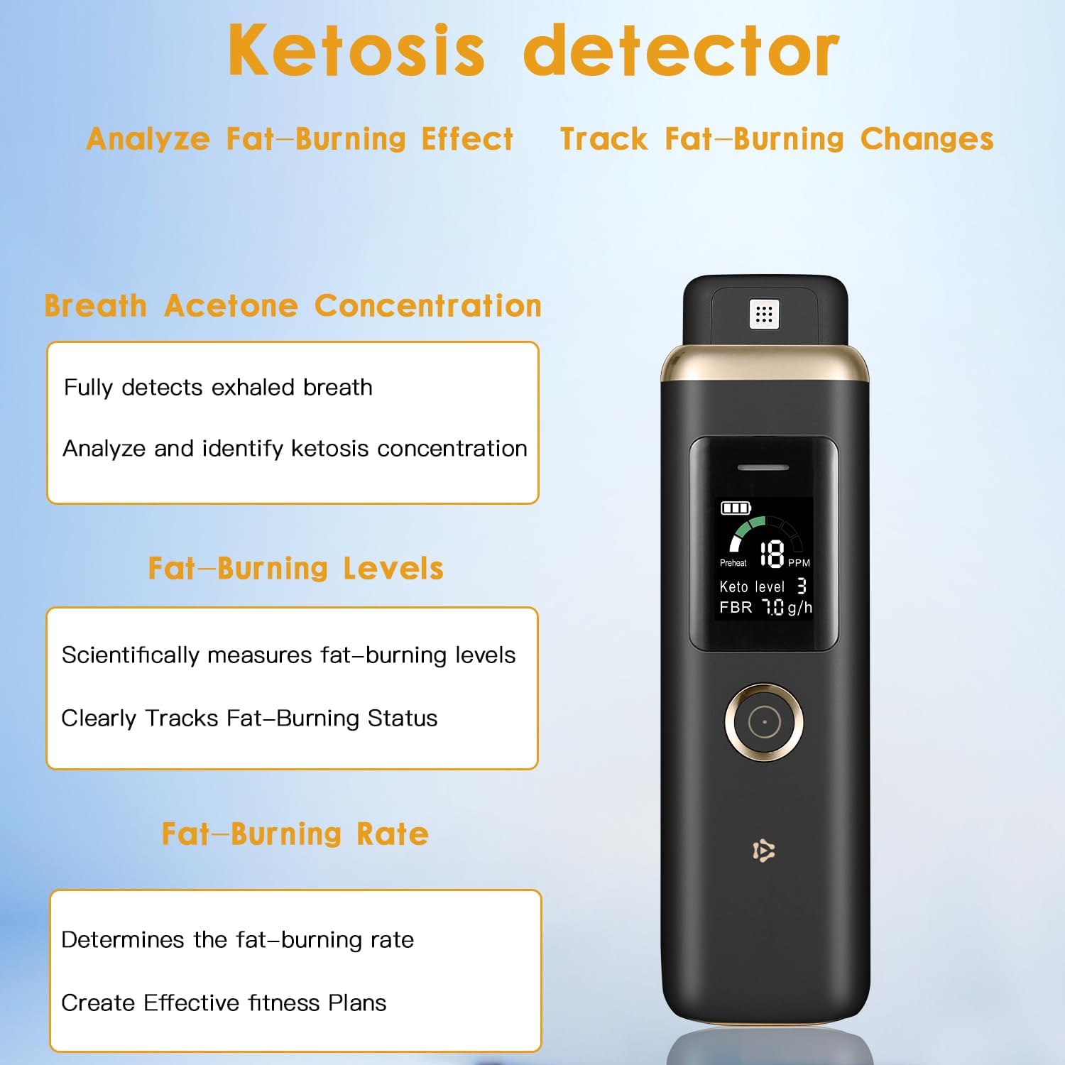 Professional Ketone Breath Analyzer for Acetone Measurement - Advanced Monitoring of Fat Metabolism and Ketosis Levels for Low Carb and Ketogenic Diets | Portable, High-Precision Device