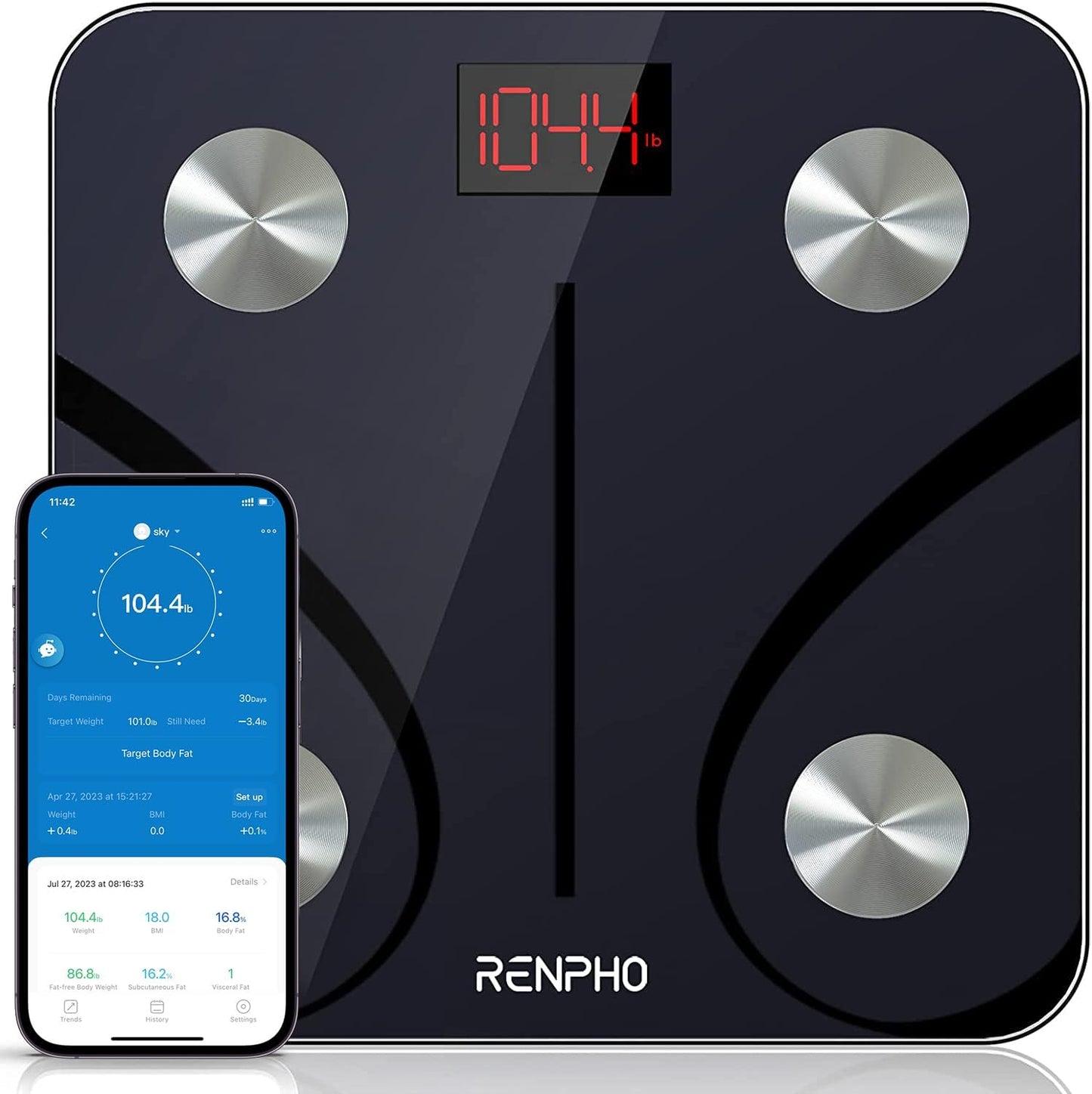 RENPHO Smart Body Composition Scale with Bluetooth Connectivity, BMI and Body Fat Monitoring, FSA HSA Eligible, 400 Lbs Capacity, Compatible with Smartphone App - Model Elis 1