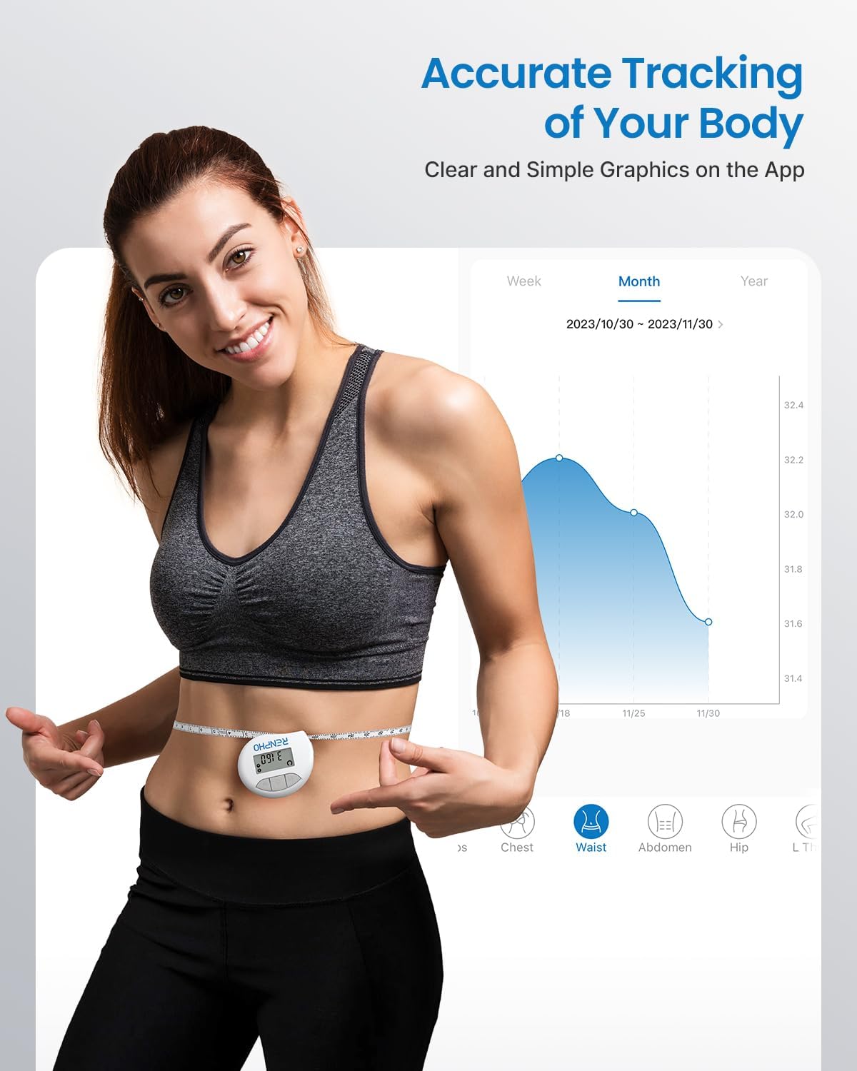 RENPHO Smart Body Measuring Tape with Bluetooth Connectivity and App Integration for Weight Loss and Fitness Tracking, 60In/150Cm, White