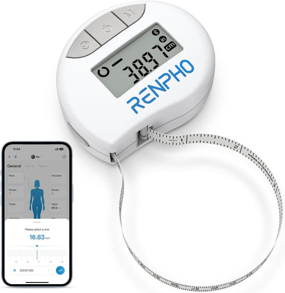 RENPHO Smart Body Measuring Tape with Bluetooth Connectivity and App Integration for Weight Loss and Fitness Tracking, 60In/150Cm, White