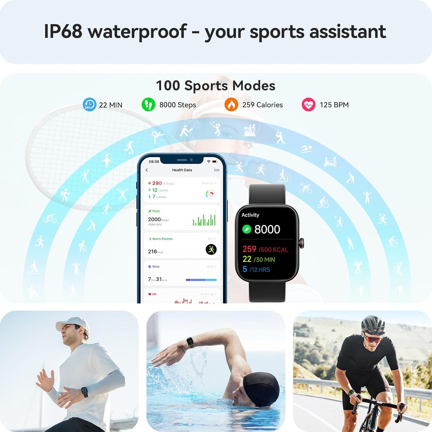 Advanced Fitness Tracker Smart Watch with Alexa Integration, 1.91" Display, Heart Rate, Blood Oxygen, and Sleep Monitoring, Step Counter, 100 Sports Modes, IP68 Waterproof for iOS and Android