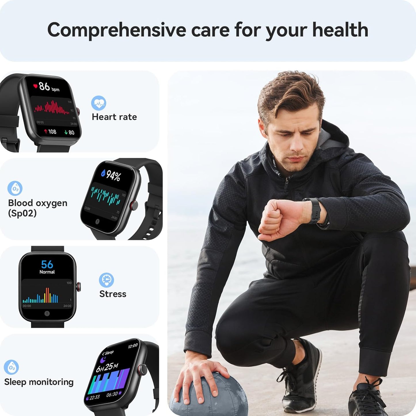 Advanced Fitness Tracker Smart Watch with Alexa Integration, 1.91" Display, Heart Rate, Blood Oxygen, and Sleep Monitoring, Step Counter, 100 Sports Modes, IP68 Waterproof for iOS and Android