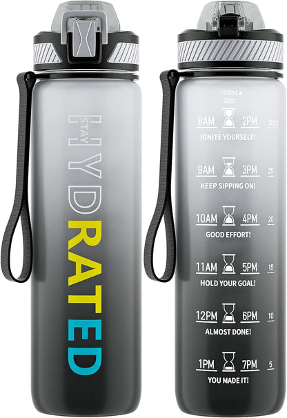 32oz Motivational Water Bottle with Straw and Time Marker, BPA-Free Tritan Sports Bottle with Carry Strap, Leakproof Design for Gym and Outdoor Use (1 Pack)