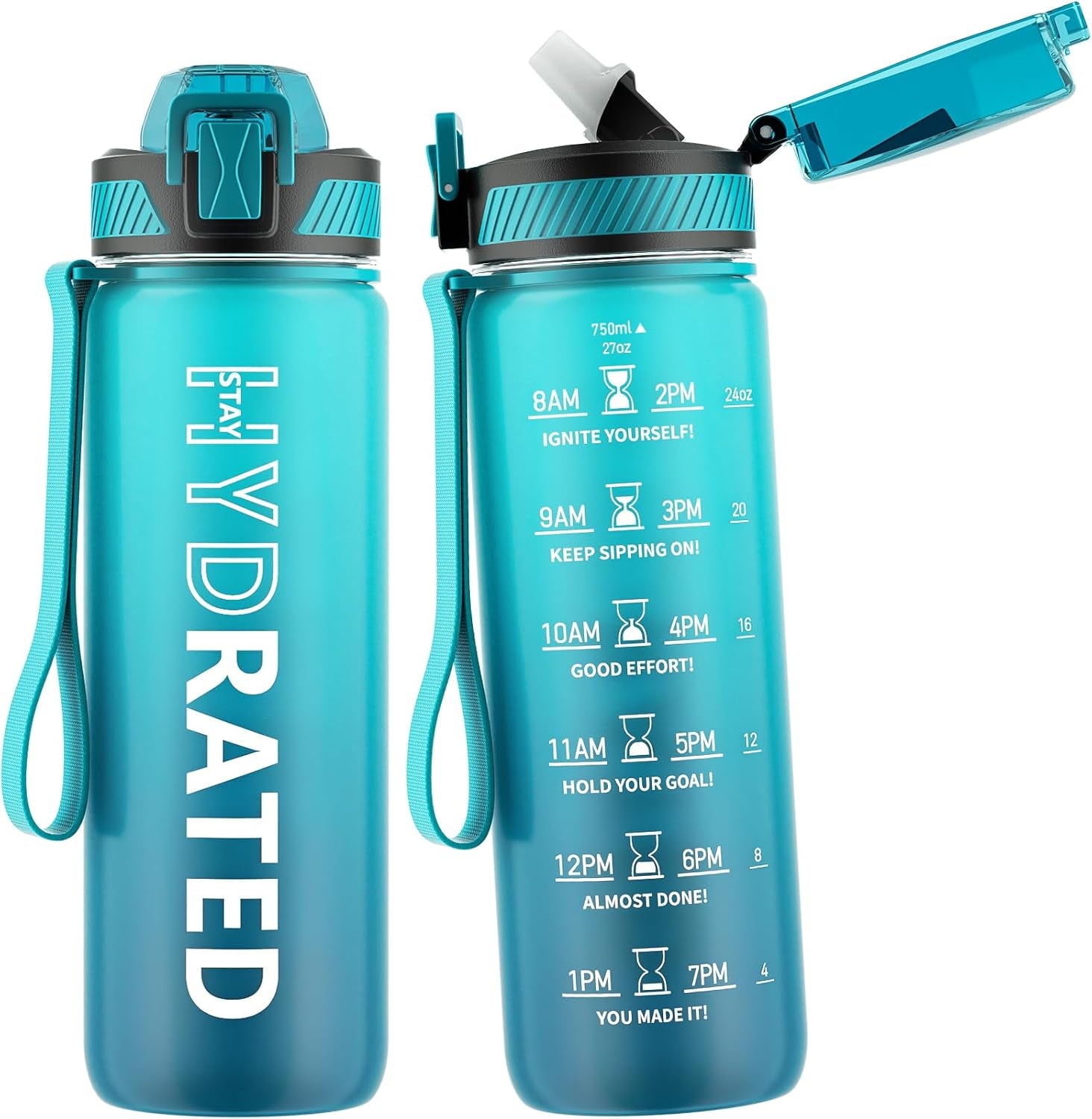 32oz Motivational Water Bottle with Straw and Time Marker, BPA-Free Tritan Sports Bottle with Carry Strap, Leakproof Design for Gym and Outdoor Use (1 Pack)