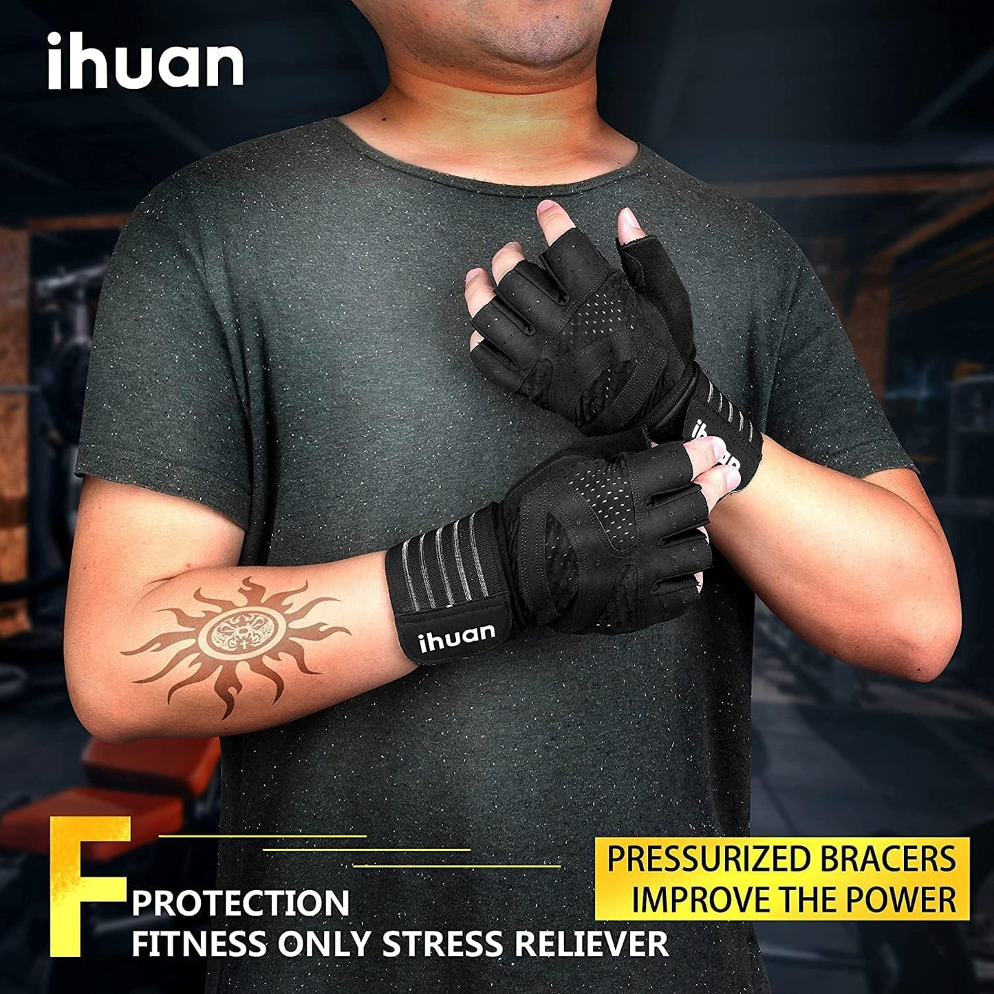 Ihuan Ventilated Weight Lifting Gloves with Wrist Support for Men and Women – Full Palm Protection for Weightlifting, Training, Fitness, and Pull-Ups