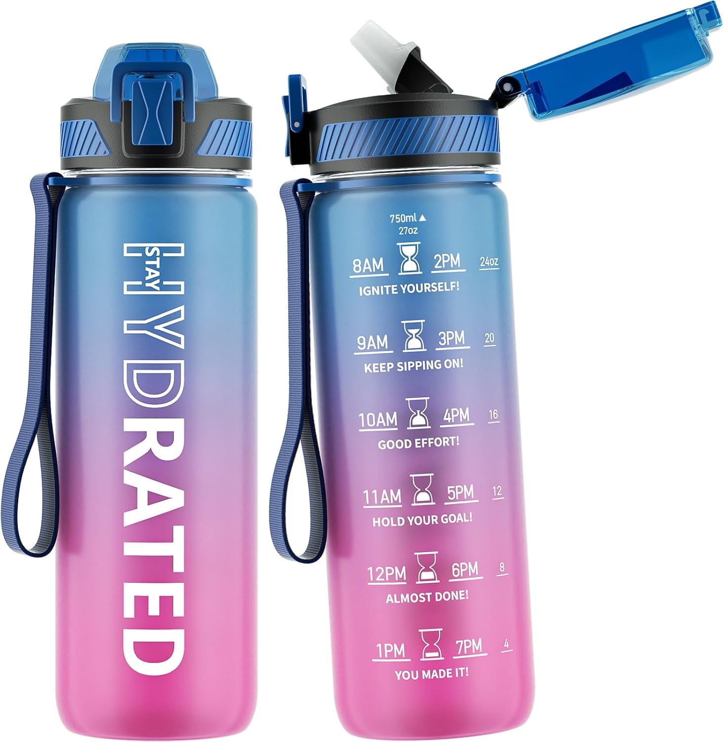 32oz Motivational Water Bottle with Straw and Time Marker, BPA-Free Tritan Sports Bottle with Carry Strap, Leakproof Design for Gym and Outdoor Use (1 Pack)