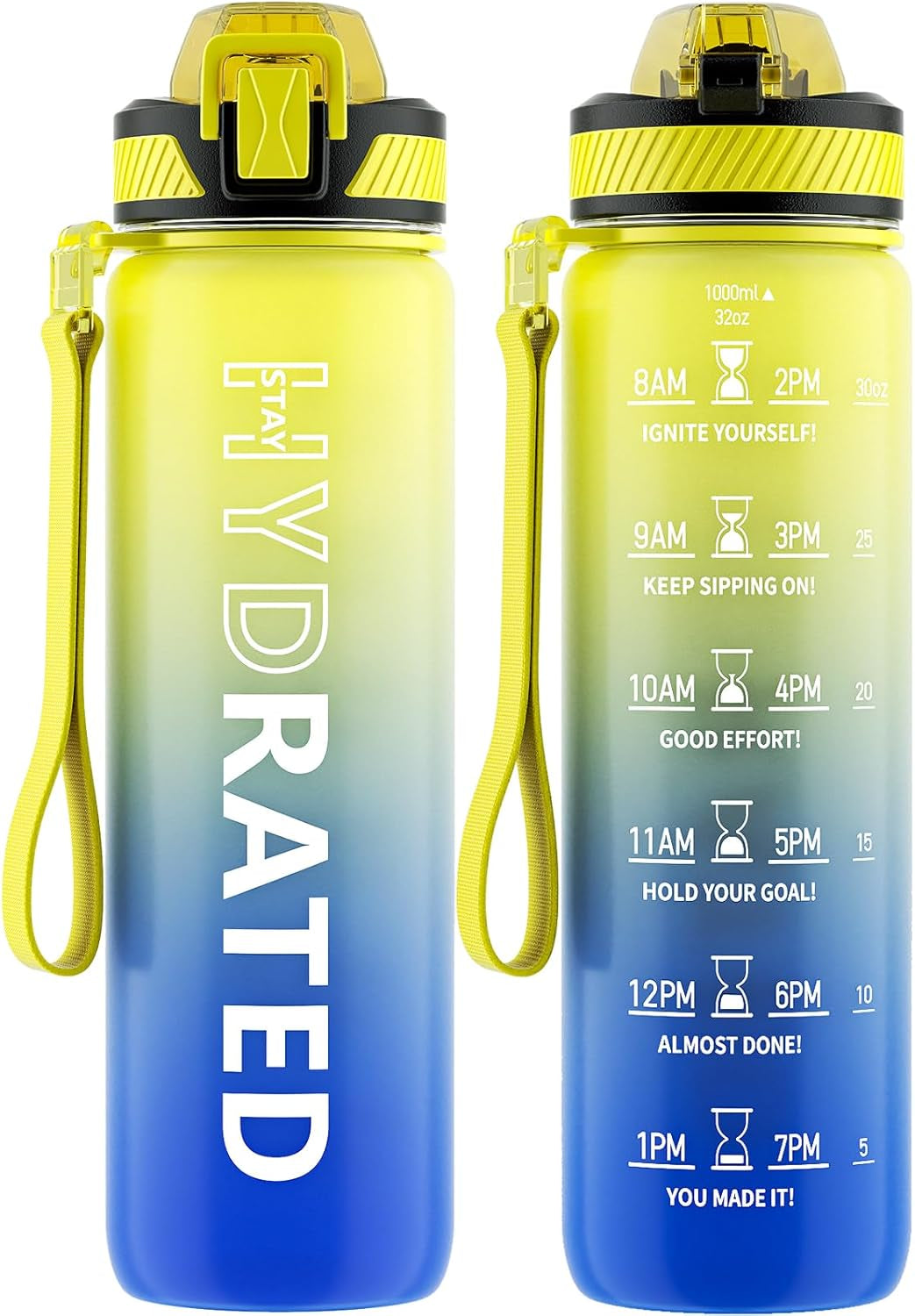 32oz Motivational Water Bottle with Straw and Time Marker, BPA-Free Tritan Sports Bottle with Carry Strap, Leakproof Design for Gym and Outdoor Use (1 Pack)