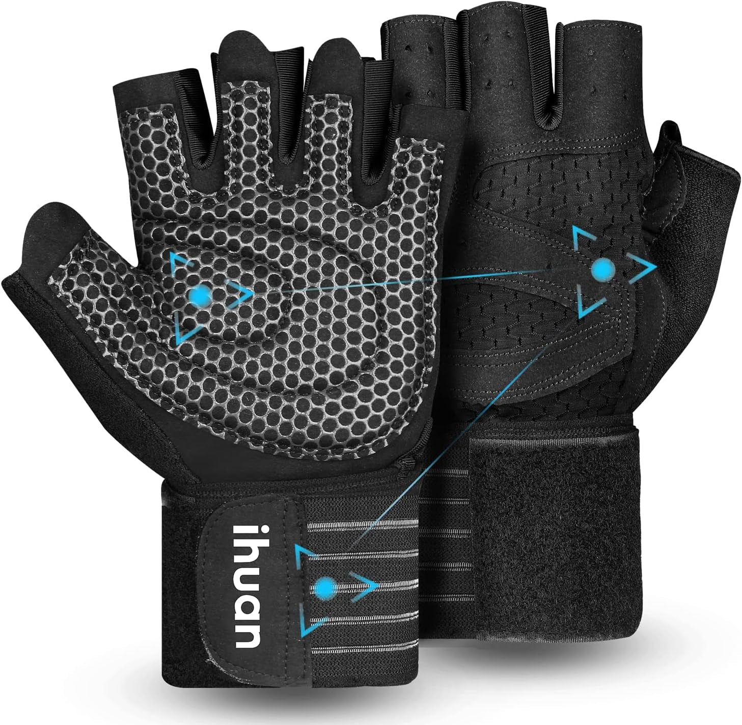 Ihuan Ventilated Weight Lifting Gloves with Wrist Support for Men and Women – Full Palm Protection for Weightlifting, Training, Fitness, and Pull-Ups