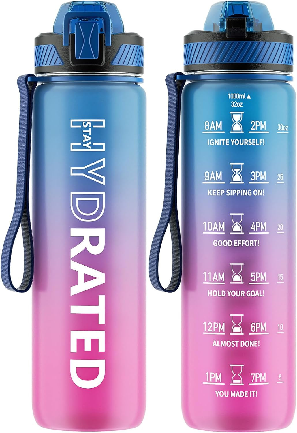 32oz Motivational Water Bottle with Straw and Time Marker, BPA-Free Tritan Sports Bottle with Carry Strap, Leakproof Design for Gym and Outdoor Use (1 Pack)