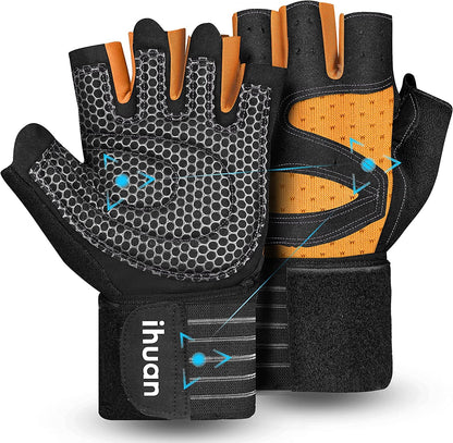 Ihuan Ventilated Weight Lifting Gloves with Wrist Support for Men and Women – Full Palm Protection for Weightlifting, Training, Fitness, and Pull-Ups