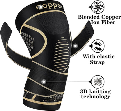 Copper Knee Braces with Adjustable Strap for Pain Relief in Men and Women (2-Pack) - Compression Sleeves for Arthritis, ACL Injuries, Meniscus Tears, and Joint Support for Workouts and Weightlifting (Medium)