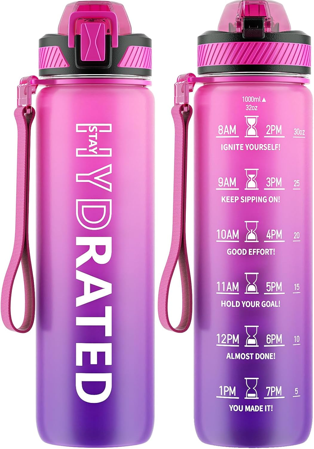 32oz Motivational Water Bottle with Straw and Time Marker, BPA-Free Tritan Sports Bottle with Carry Strap, Leakproof Design for Gym and Outdoor Use (1 Pack)