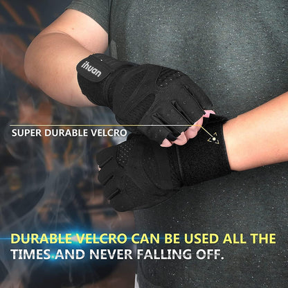 Ihuan Ventilated Weight Lifting Gloves with Wrist Support for Men and Women – Full Palm Protection for Weightlifting, Training, Fitness, and Pull-Ups