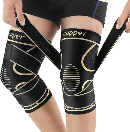 Copper Knee Braces with Adjustable Strap for Pain Relief in Men and Women (2-Pack) - Compression Sleeves for Arthritis, ACL Injuries, Meniscus Tears, and Joint Support for Workouts and Weightlifting (Medium)